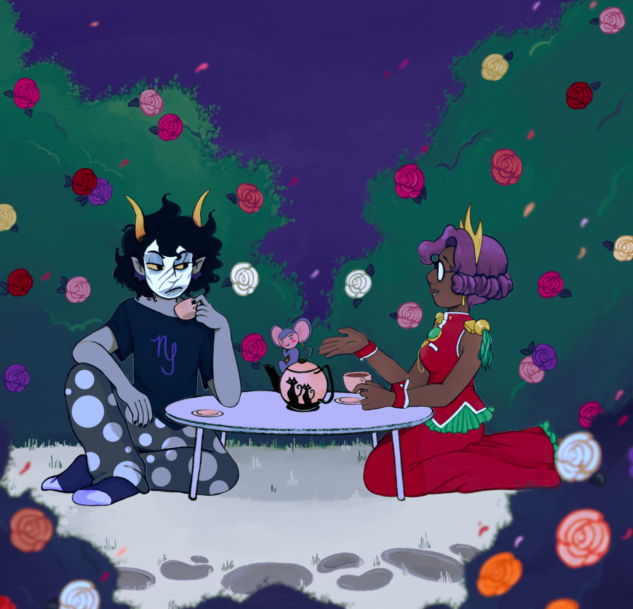 anthy himemiya and gamzee having tea in a rose garden